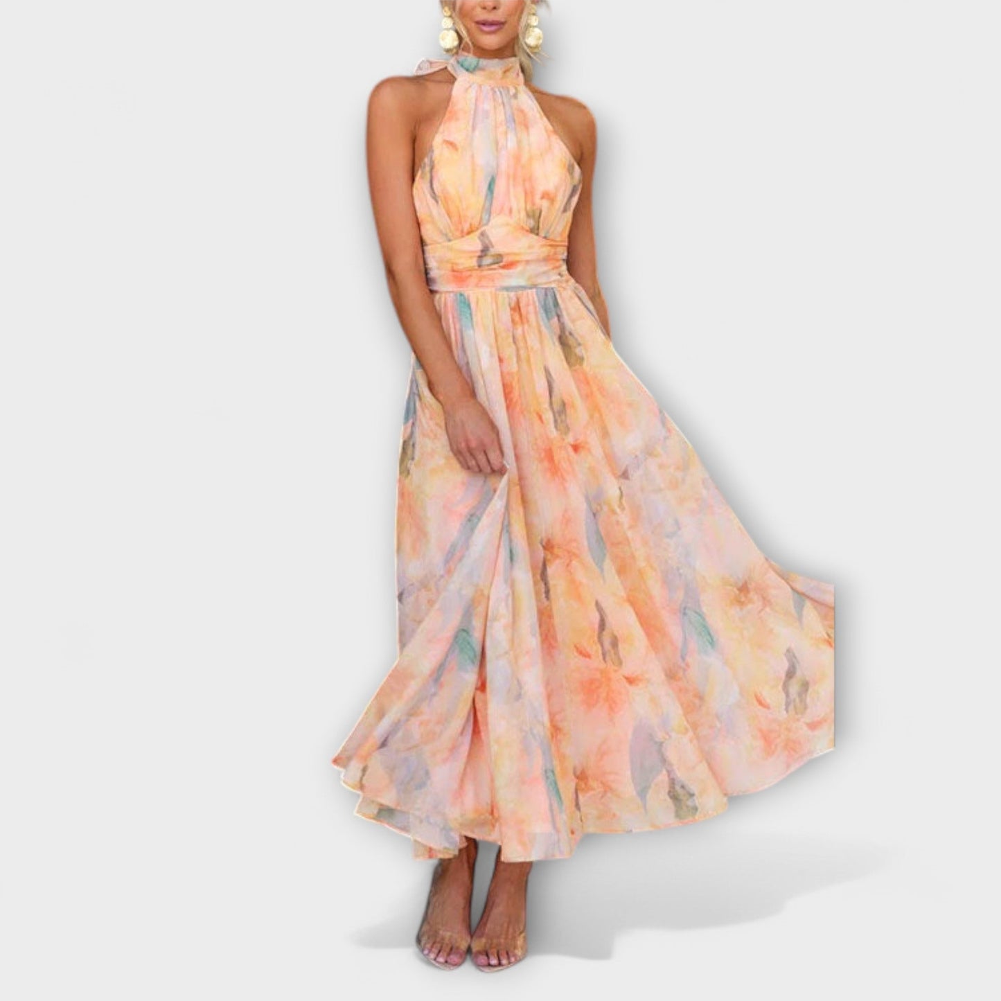 Sarah - Halter-Neck Watercolour Print Maxi Dress