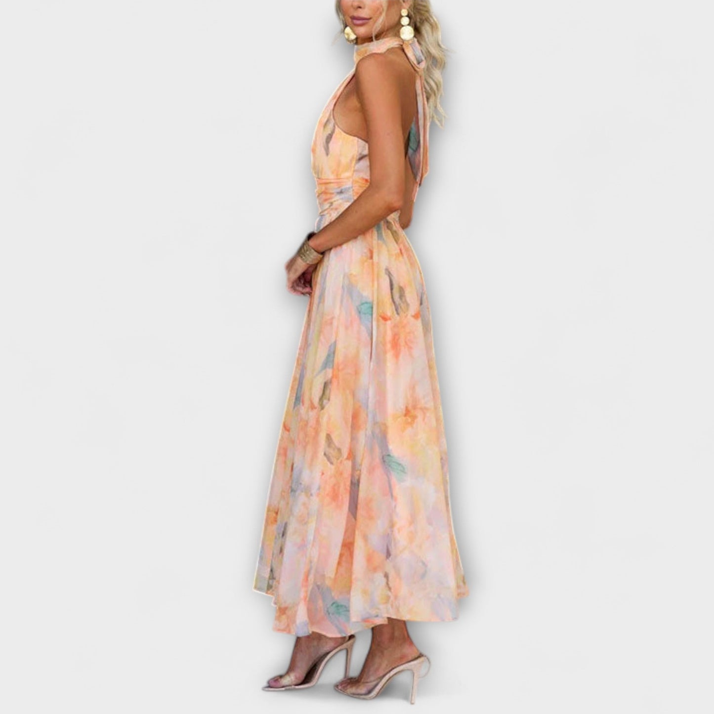 Sarah - Halter-Neck Watercolour Print Maxi Dress