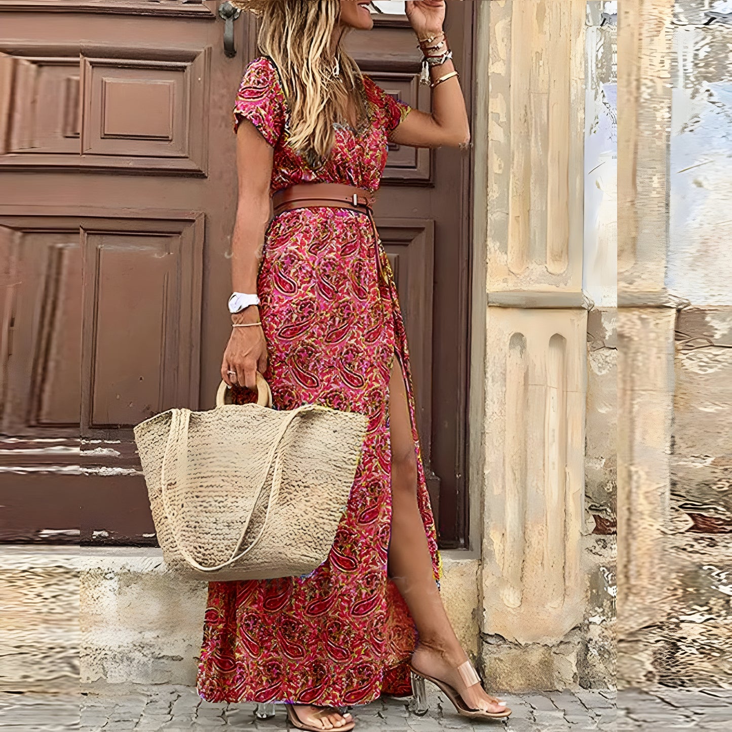 Drina | Longue robe de bohème avec taille froncée