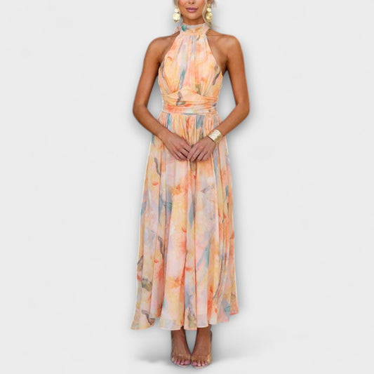 Sarah - Halter-Neck Watercolour Print Maxi Dress