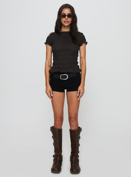 Romelle Shirred Top Black / Brown Plaid