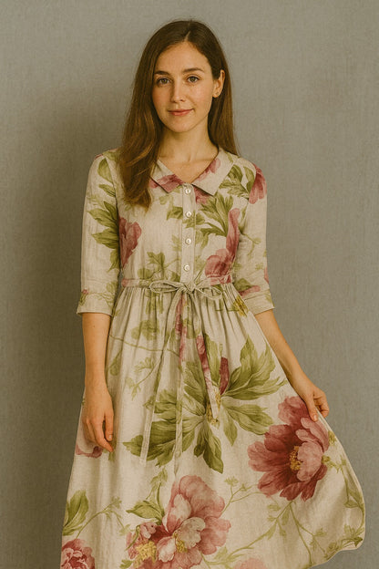 Marley - Vintage Lace-Up Waist Floral Print Dress