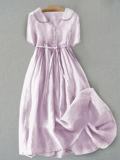 Isla - Elegant Cotton Linen Midi Sleeve Dress