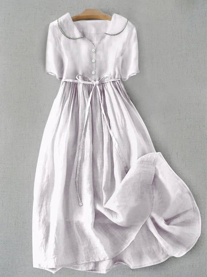 Isla - Elegant Cotton Linen Midi Sleeve Dress